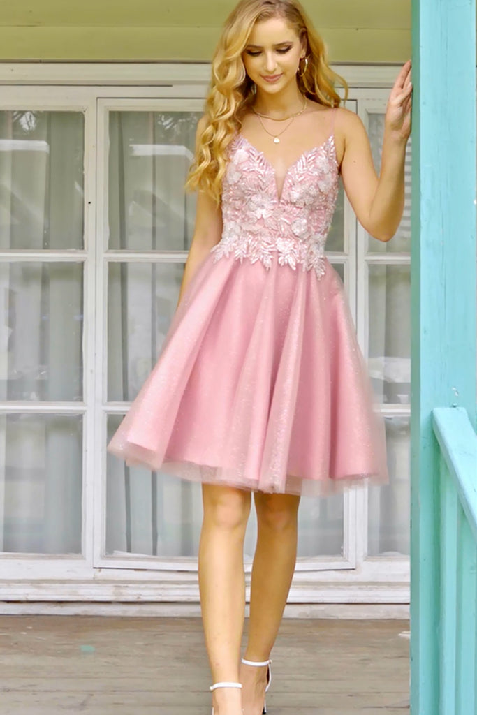 A Line V Neck Open Back Pink Lace Prom Dress, Short Pink Lace Homecomi abcprom A Line V Neck Open Back Pink Lace Prom Dress, Short Pink Lace Homecomi abcprom