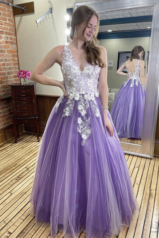 A Line V Neck Open Back Purple Lace Floral Long Prom Dress, Purple Lace Formal Evening Dress