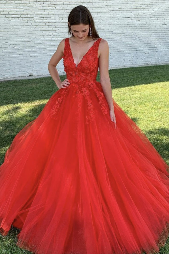 A Line V Neck Open Back Red Lace Long Prom Dress, Backless Red Formal Dress, Red Lace Evening DressA Line V Neck Open Back Red Lace Long Prom Dress, Backless Red Formal Dress, Red Lace Evening Dress