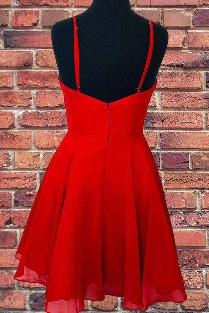 A Line V Neck Open Back Red Short Prom Dress, Backless Red Homecoming   abcprom