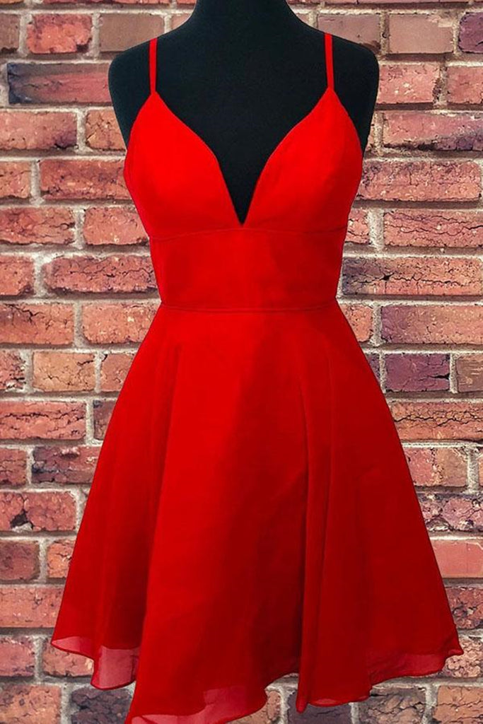 A Line V Neck Open Back Red Short Prom Dress Backless Red Homecoming abcprom