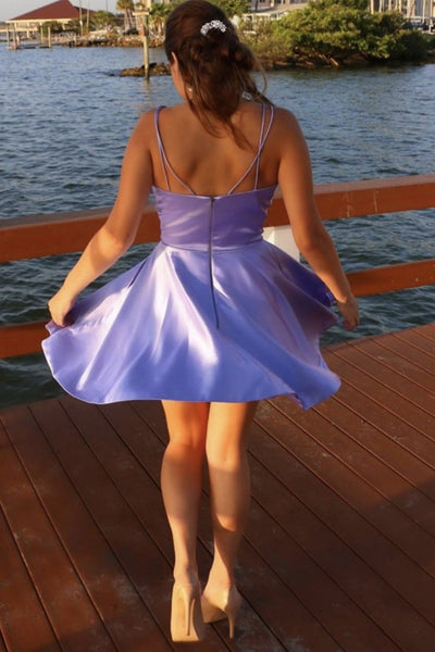 A Line V Neck Open Back Short Purple Prom Homecoming Dress, V Neck Purple Short Formal Graduation Evening Dress A1285