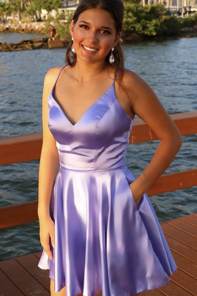 A Line V Neck Open Back Short Purple Prom Homecoming Dress, V Neck Purple Short Formal Graduation Evening Dress A1285