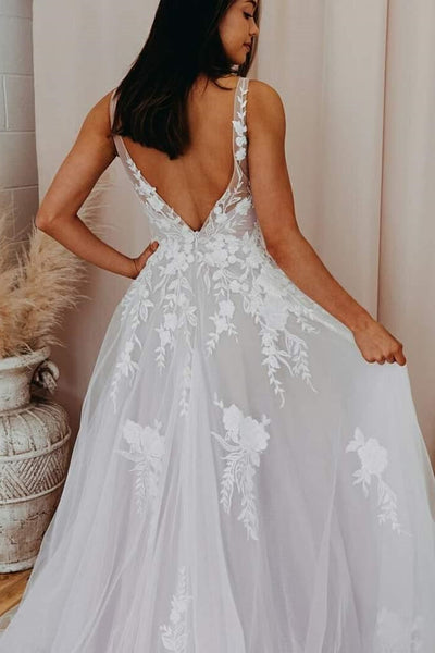 A Line V Neck Open Back White Lace Long Prom Wedding Dress, Backless White Lace Formal Evening Dress