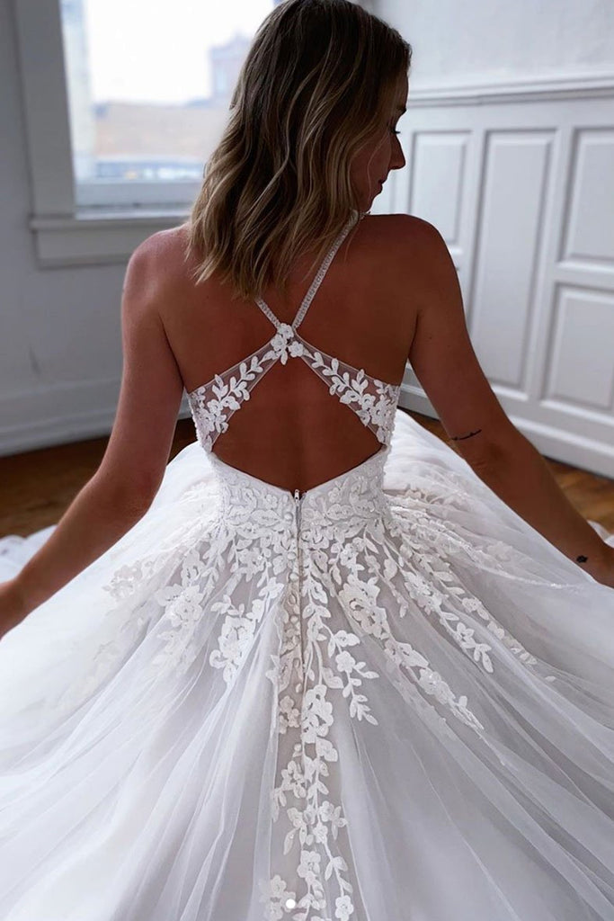 A Line V Neck Open Back White Lace Long Wedding Dress, White Lace Long abcprom A Line V Neck Open Back White Lace Long Wedding Dress, White Lace Long abcprom