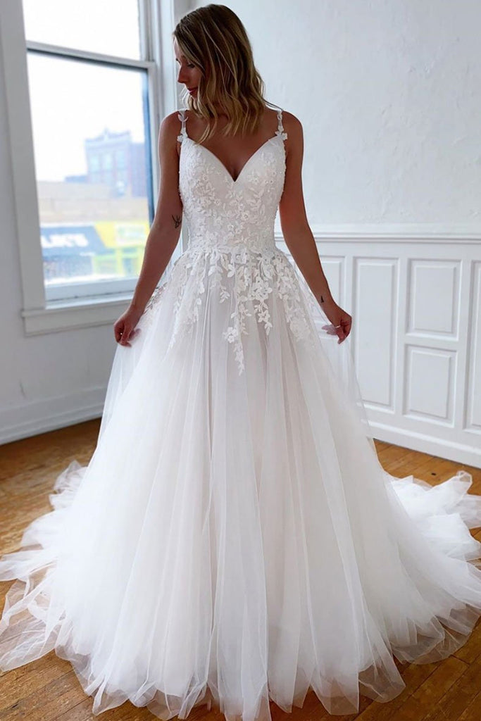 A Line V Neck Open Back White Lace Long Wedding Dress, White Lace Long abcprom A Line V Neck Open Back White Lace Long Wedding Dress, White Lace Long abcprom
