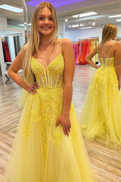 A Line V Neck Open Back Yellow Lace Long Prom Dress, Yellow Lace Formal Dress, Yellow Evening Dress A1745