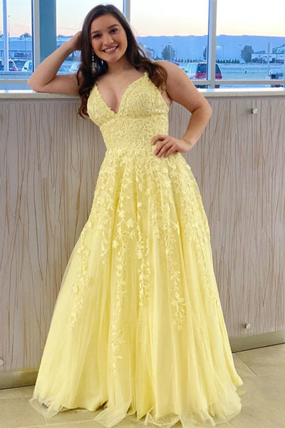 A Line V Neck Open Back Yellow Lace Long Prom Dress, Yellow Lace Formal Graduation Evening Dress