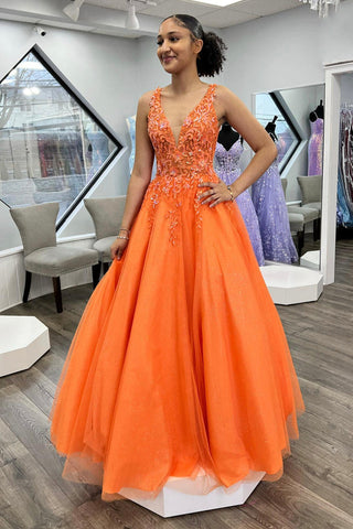 A Line V Neck Orange Lace Long Prom Dress, Long Orange Formal Dress, Orange Lace Evening Dress A1858