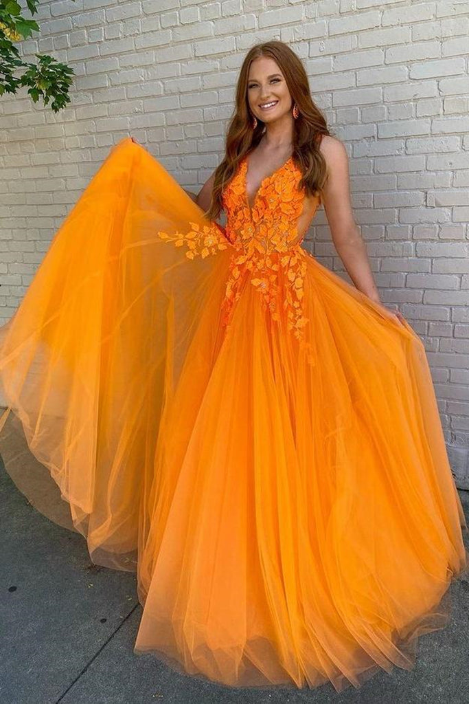 A Line V Neck Orange Lace Long Prom Dress, Orange Lace Formal