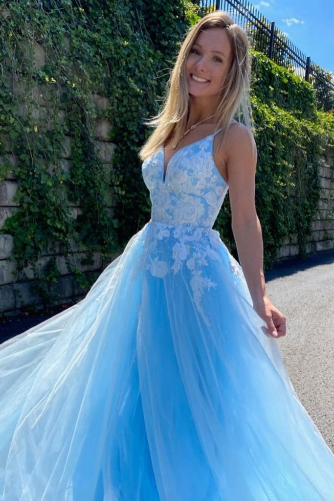 A Line V Neck Pink/Blue Lace Floral Long Prom Dress, Pink/Blue Lace Fo   abcprom