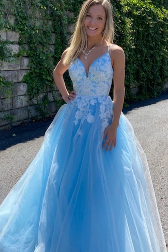A Line V Neck Pink/Blue Lace Floral Long Prom Dress, Pink/Blue Lace Fo   abcprom