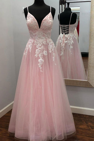 A Line V Neck Pink/Blue Lace Floral Long Prom Dress, Pink/Blue Lace Formal Dress, Pink/Blue Evening Dress