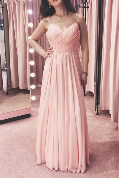 A Line V Neck Pink Chiffon Long Prom Dress, V Necn Pink Formal Graduation Evening Dress, Pink Bridesmaid Dress