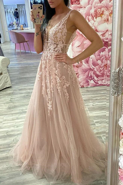A Line V Neck Pink Lace Long Prom Dress, Pink Lace Formal Dress, Pink Evening Dress