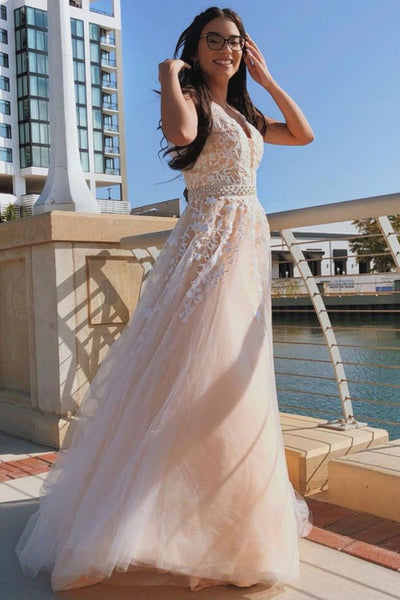 A Line V Neck Pink Lace Long Prom Dress with Belt, Pink Lace Formal Dress, Pink Evening Dress