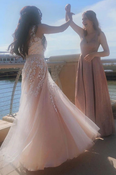 A Line V Neck Pink Lace Long Prom Dress with Belt, Pink Lace Formal Dress, Pink Evening Dress