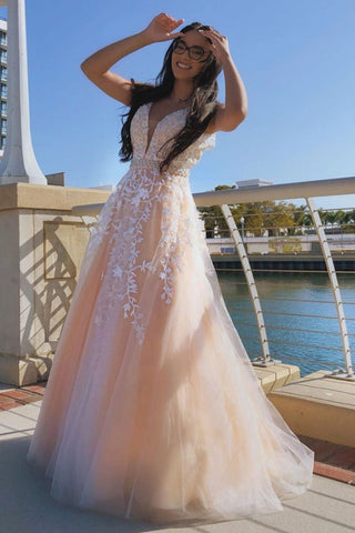 pink beige prom dresses Elegant Beige Lace Flower Bow Satin Prom Dresses 2024 Ball Gown Square Neckline Sleeveless Backless Floor-Length / Long Prom Formal Dresses