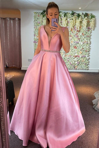 A Line V Neck Pink Satin Long Prom Dress with Belt, V Neck Pink Formal Graduation Evening Dress A1422