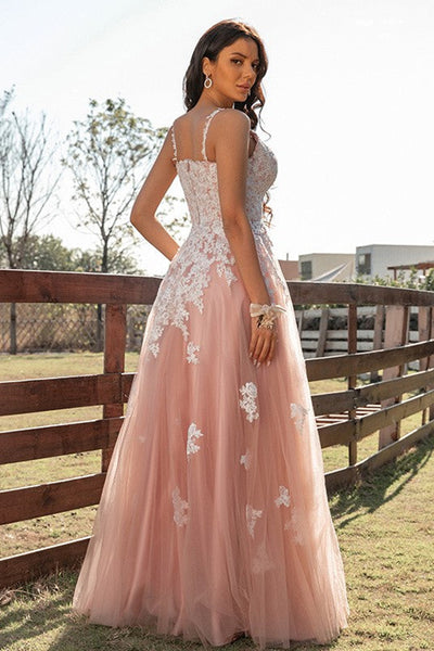 A Line V Neck Pink Tulle Long Prom Dress with Lace Appliques, V Neck Pink Formal Graduation Evening Dress A1691