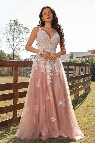 A Line V Neck Pink Tulle Long Prom Dress with Lace Appliques, V Neck Pink Formal Graduation Evening Dress A1691