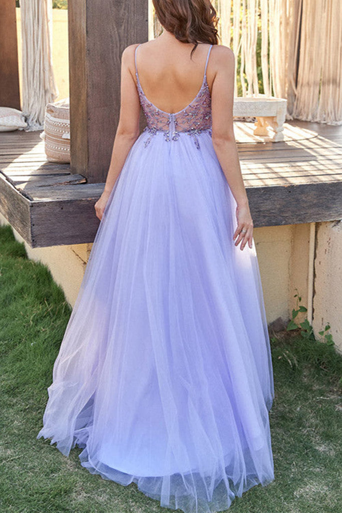 A Line V Neck Purple Beaded Long Prom Dress with High Slit, Beaded Pur abcprom A Line V Neck Purple Beaded Long Prom Dress with High Slit, Beaded Pur abcprom