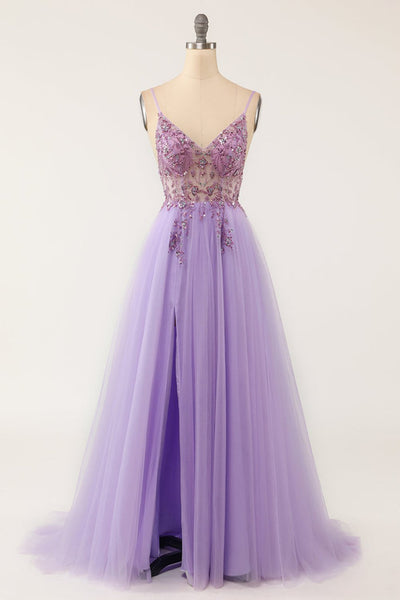 A Line V Neck Purple Beaded Long Prom Dress with High Slit, Beaded Purple Formal Graduation Evening Dress A1717