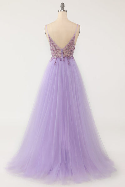 A Line V Neck Purple Beaded Long Prom Dress with High Slit, Beaded Purple Formal Graduation Evening Dress A1717