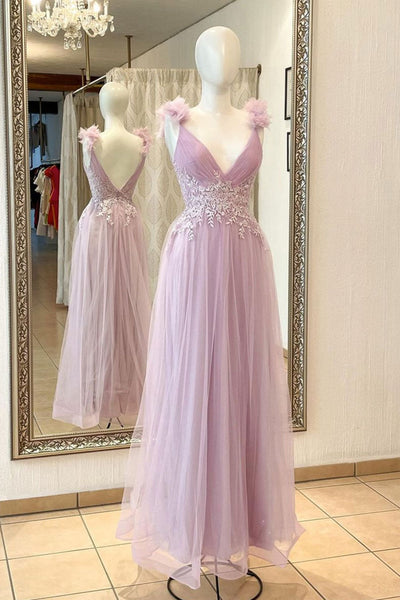 A Line V Neck Purple Lace Long Prom Dress, Purple Lace Formal Dress, Lilac Evening Dress A1722