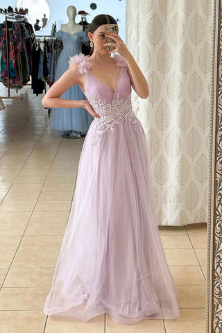 A Line V Neck Purple Lace Long Prom Dress, Purple Lace Formal Dress, Lilac Evening Dress A1722