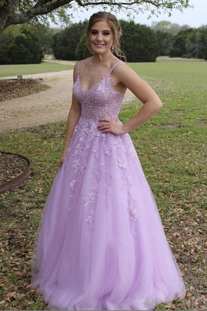 A Line V Neck Purple Lace Long Prom Dress, Purple Lilac Lace Formal Dress, Purple Evening Dress