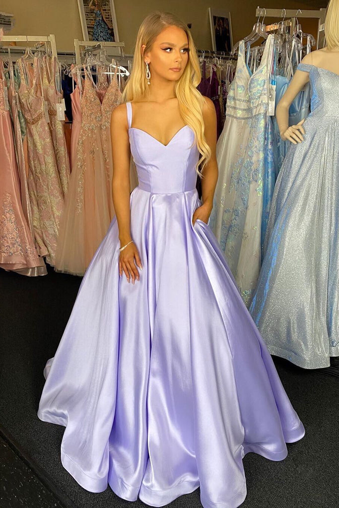 A Line V Neck Purple Satin Long Prom Dress with Pockets, V Neck Purple Formal Graduation Evening Dress
