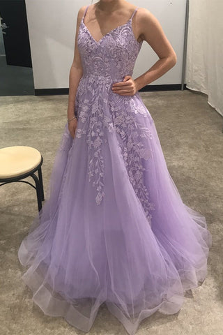 A Line V Neck Purple Tulle Lace Long Prom Dress, V Neck Purple Formal Dress, Purple Lace Floral Evening Dress A1409