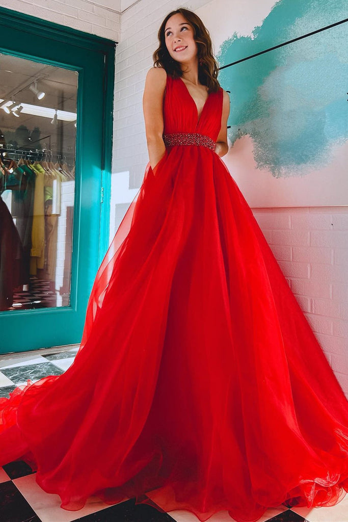 A Line V Neck Red/Blue/Orange Long Prom Dress with Beaded Belt, Long R abcprom A Line V Neck Red/Blue/Orange Long Prom Dress with Beaded Belt, Long R abcprom