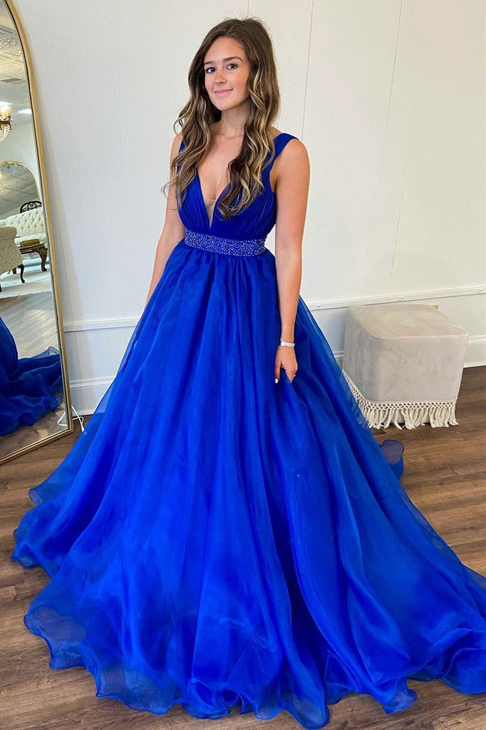 A Line V Neck Red/Blue/Orange Long Prom Dress with Beaded Belt, Long R abcprom A Line V Neck Red/Blue/Orange Long Prom Dress with Beaded Belt, Long R abcprom