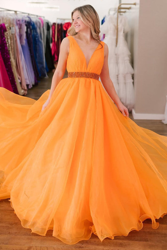 A Line V Neck Red/Blue/Orange Long Prom Dress with Beaded Belt, Long R abcprom A Line V Neck Red/Blue/Orange Long Prom Dress with Beaded Belt, Long R abcprom