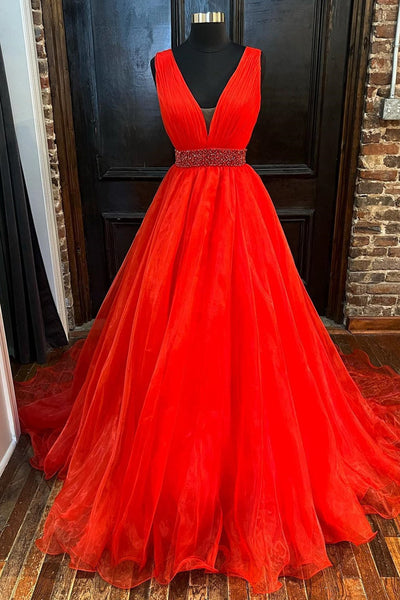 A Line V Neck Red/Blue/Orange Long Prom Dress with Beaded Belt, Long Red/Blue/Orange Formal Graduation Evening Dress A1839