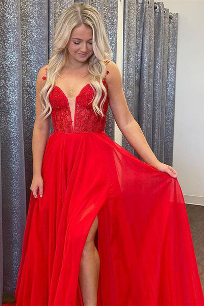 A Line V Neck Red Lace Long Prom Dress with Leg Slit, Red Lace Formal Graduation Evening Dress A1503