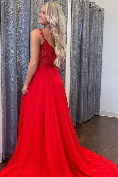 A Line V Neck Red Lace Long Prom Dress with Leg Slit, Red Lace Formal Graduation Evening Dress A1503