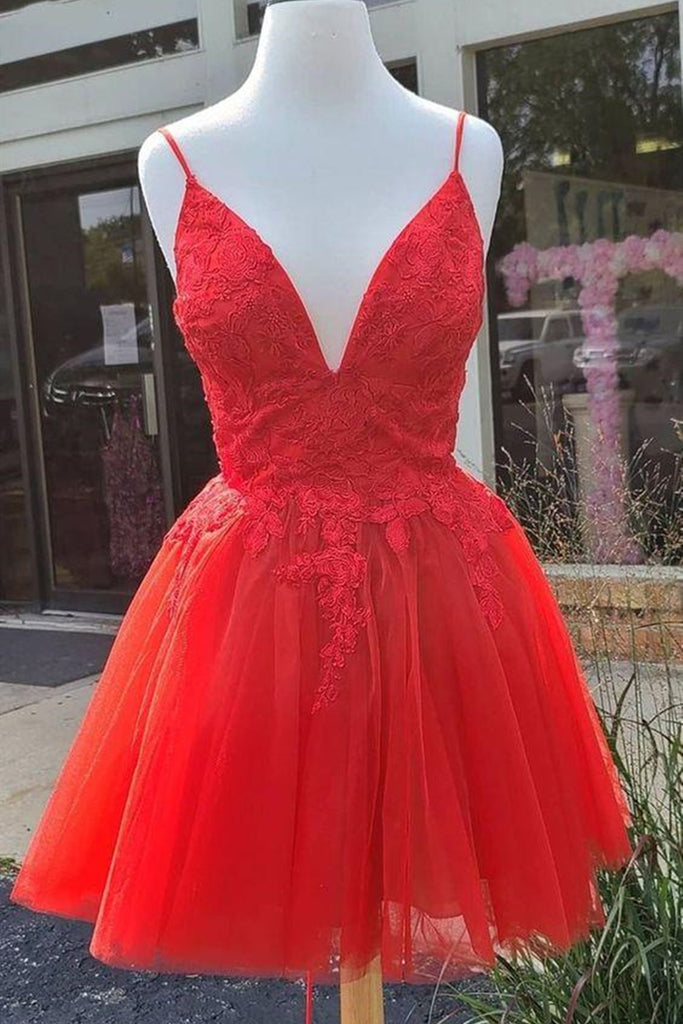 A Line V Neck Red Lace Short Prom Dress, Red Lace Homecoming Dress, Short Red Formal Evening Dress