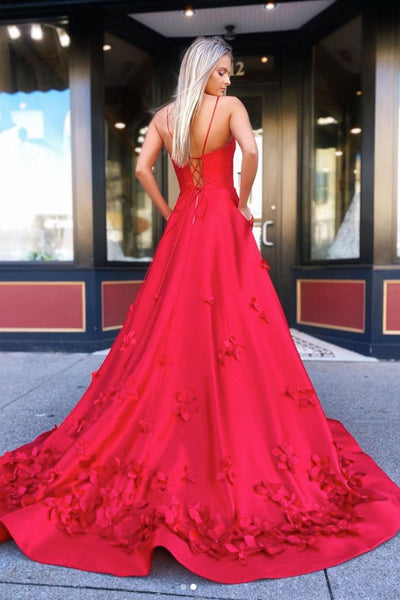 A Line V Neck Red Satin Floral Long Prom Dress, V Neck Red Formal Dress, Red 3D Flower Evening Dress