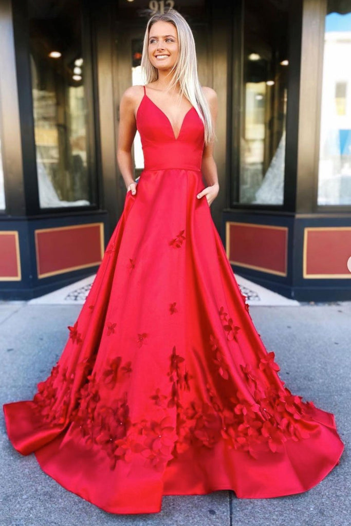 A Line V Neck Red Satin Floral Long Prom Dress, V Neck Red Formal Dres abcprom A Line V Neck Red Satin Floral Long Prom Dress, V Neck Red Formal Dres abcprom