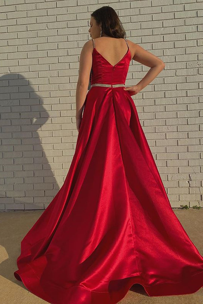 A Line V Neck Red Satin Long Prom Dress with Belt, V Neck Red Formal G abcprom A Line V Neck Red Satin Long Prom Dress with Belt, V Neck Red Formal G abcprom