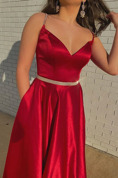 A Line V Neck Red Satin Long Prom Dress with Belt, V Neck Red Formal Graduation Evening Dress