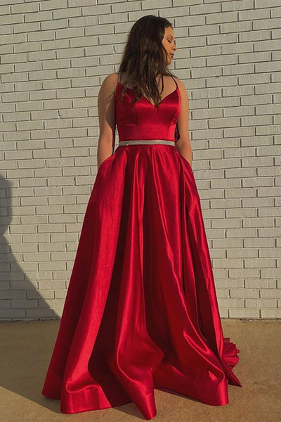 A Line V Neck Red Satin Long Prom Dress with Belt, V Neck Red Formal Graduation Evening Dress