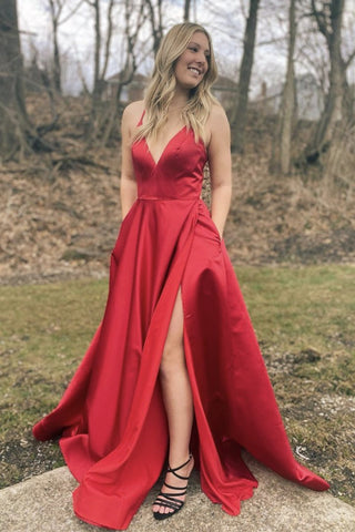 A Line V Neck Red Satin Long Prom Dress with Slit, V Neck Red Formal Graduation Evening Dress