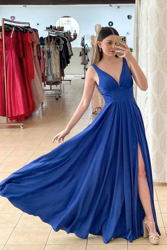 A Line V Neck Royal Blue Satin Long Prom Dress with High Slit, V Neck abcprom A Line V Neck Royal Blue Satin Long Prom Dress with High Slit, V Neck abcprom
