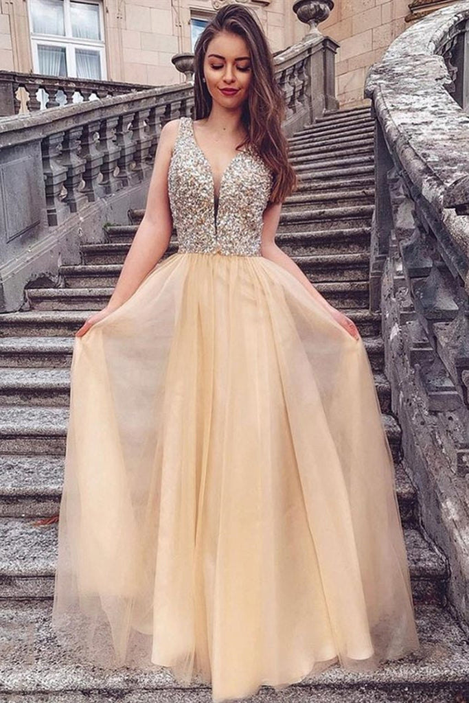 A Line V Neck Sequins Champagne Long Prom Dress, Champagne Formal Grad abcprom A Line V Neck Sequins Champagne Long Prom Dress, Champagne Formal Grad abcprom