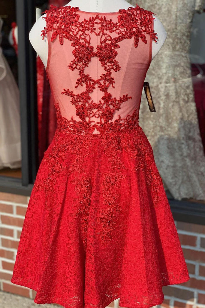 A Line V Neck Short Red Lace Prom Dress, Red Lace Formal Graduation Ho abcprom A Line V Neck Short Red Lace Prom Dress, Red Lace Formal Graduation Ho abcprom