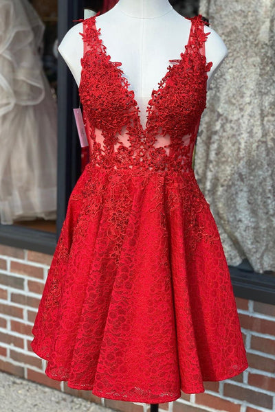A Line V Neck Short Red Lace Prom Dress, Red Lace Formal Graduation Homecoming Dress